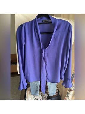 Shinestar Cobalt Blue Satin Tie-Neck Blouse V-Neck Long Sleeve Women's very nice